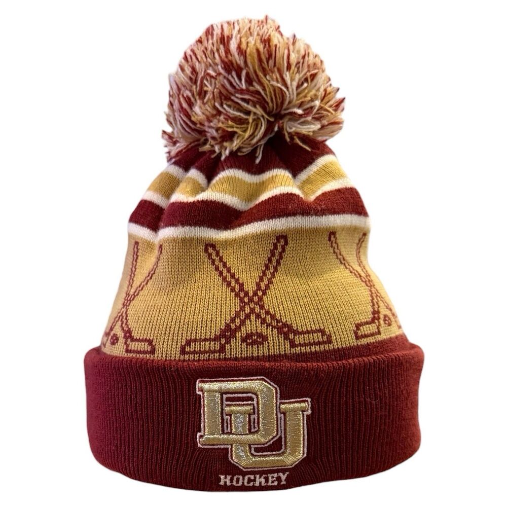 University of Denver DU Pioneers Hockey New Era Beanie Hat Maroon Gold Pom Knit